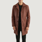 Don Long Marrone Cappotto in Pelle da Uomo in Brown Cowhide Leather - Vista frontale e linea su misura | Acquista online