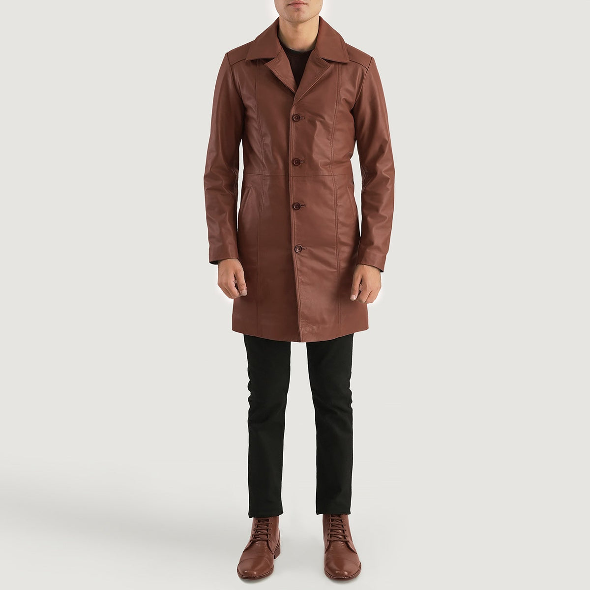 Don Long Marrone Cappotto in Pelle da Uomo - Lateral Side Profile View Showing Sleeve Cut &amp; Athletic Taper Fit