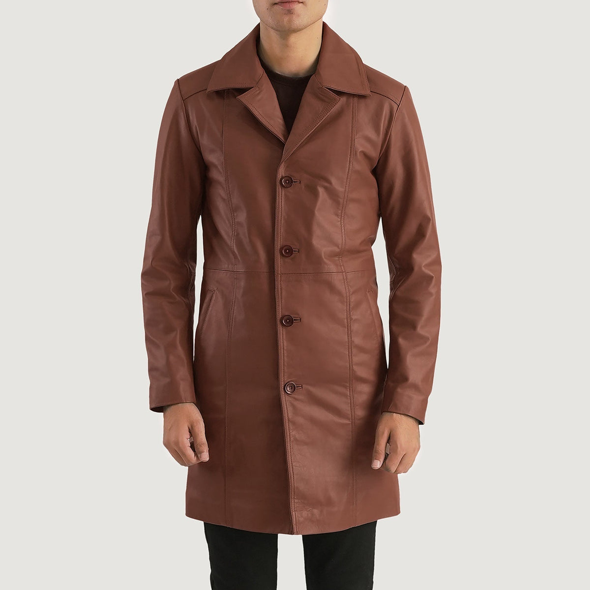 Dettaglio ravvicinato of Notch &amp; Button Hardware on Don Long Marrone Cappotto in Pelle da Uomo