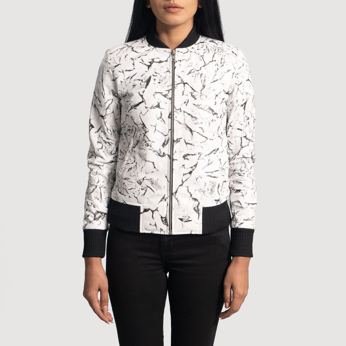 Women's Donna Blake Bianco Bomber in Pelle da Donna in White Sheepskin Dip &amp;Amp; Dye - Vista frontale e linea su misura | Acquista online