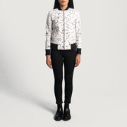 Dettaglio ravvicinato of Varsity &amp; Zipper Hardware on Women's Donna Blake Bianco Bomber in Pelle da Donna