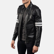 Black Sheepskin Leather Biker Jacket - Vista posteriore Showing Tailored Shoulder Fit &amp; Clean Hemline