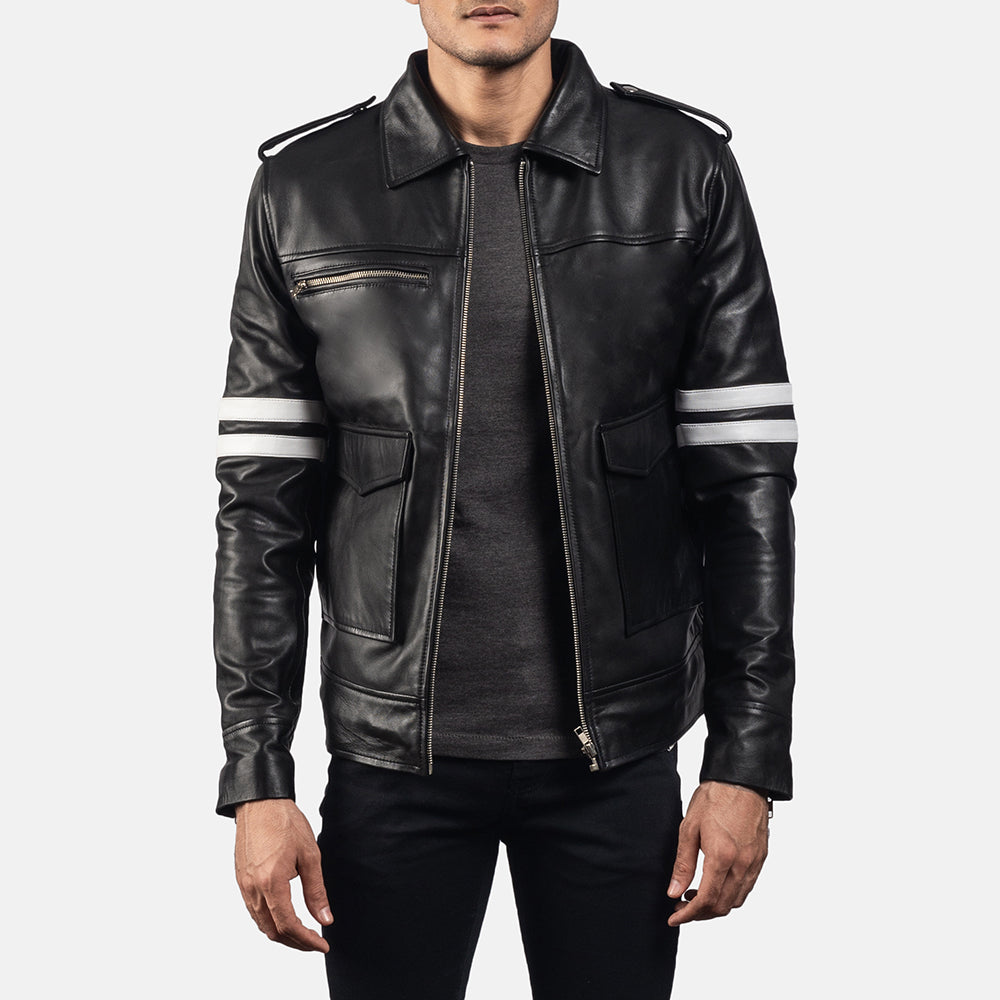 Dragonhide Nero Giacca in Pelle da Uomo - Lateral Side Profile View Showing Sleeve Cut &amp; Athletic Taper Fit