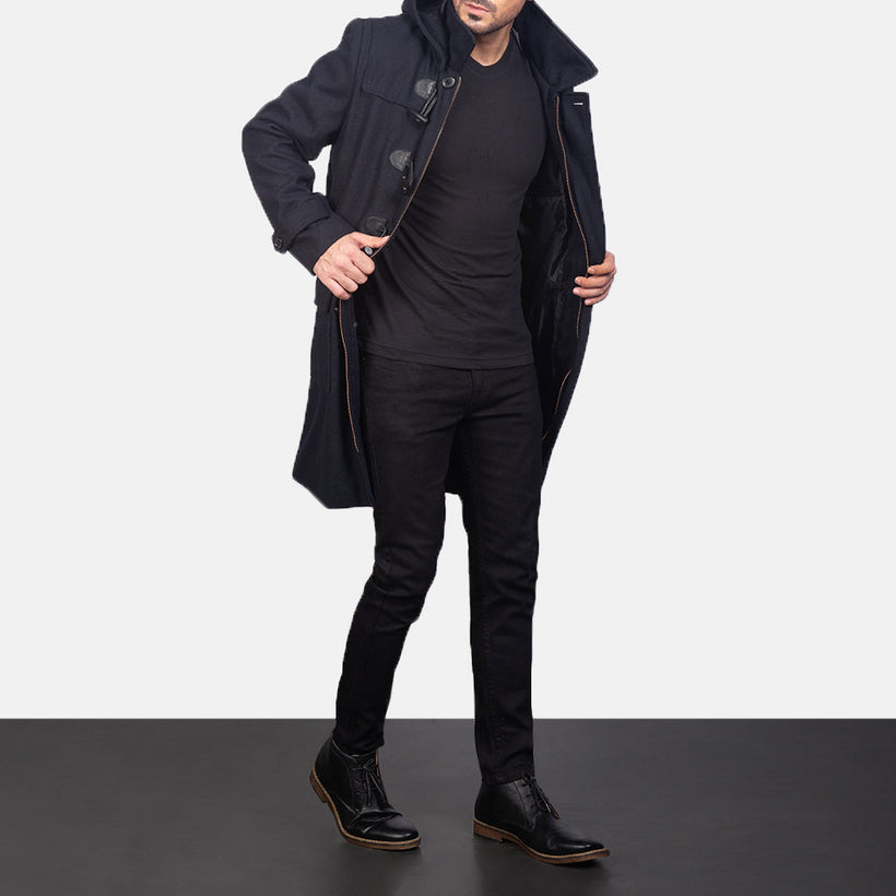 Drake Nero Wool Hooded Duffle Cappotto in Pelle da Uomo