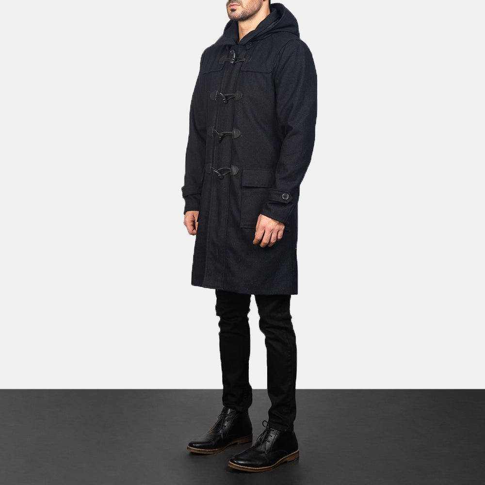 Black Synthetic Wool Trench Coat - Vista posteriore Showing Tailored Shoulder Fit &amp; Clean Hemline
