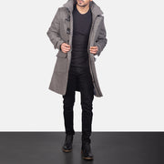Men's Grey Wool Duffle Coat in Grey Synthetic Wool - Vista frontale e linea su misura | Acquista online