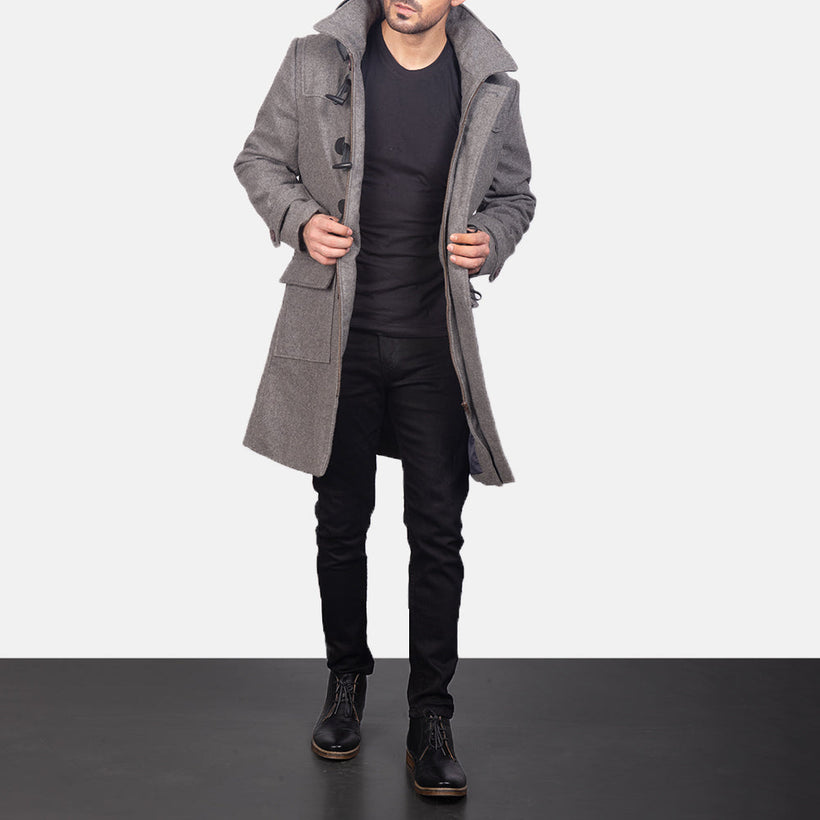 Drake Grigio Wool Hooded Duffle Cappotto in Pelle da Uomo