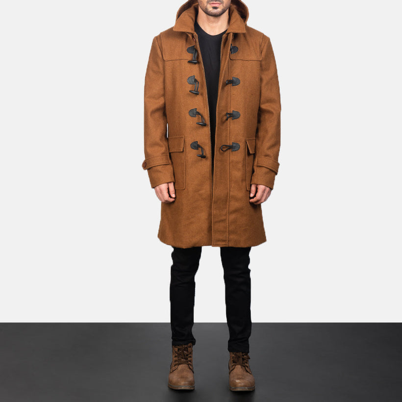 Drake Khaki Wool Hooded Duffle Cappotto in Pelle da Uomo