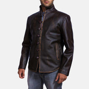 Distressed Brown Goatskin Leather Biker Jacket - Vista posteriore Showing Tailored Shoulder Fit &amp; Clean Hemline
