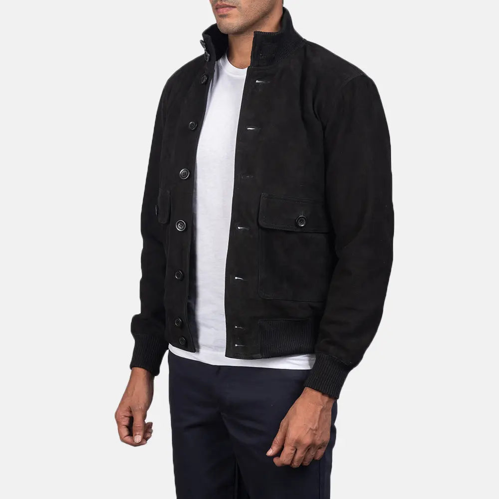 Brown Goatskin Suede Bomber Jacket - Vista posteriore Showing Tailored Shoulder Fit &amp; Clean Hemline