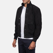 Brown Goatskin Suede Bomber Jacket - Vista posteriore Showing Tailored Shoulder Fit &amp; Clean Hemline
