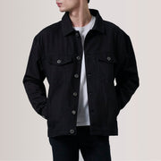 Eddie Nero Oversized Denim Trucker Giacca in Pelle da Uomo For Men in Black Full-Grain Leather - Vista frontale e linea su misura | Acquista online