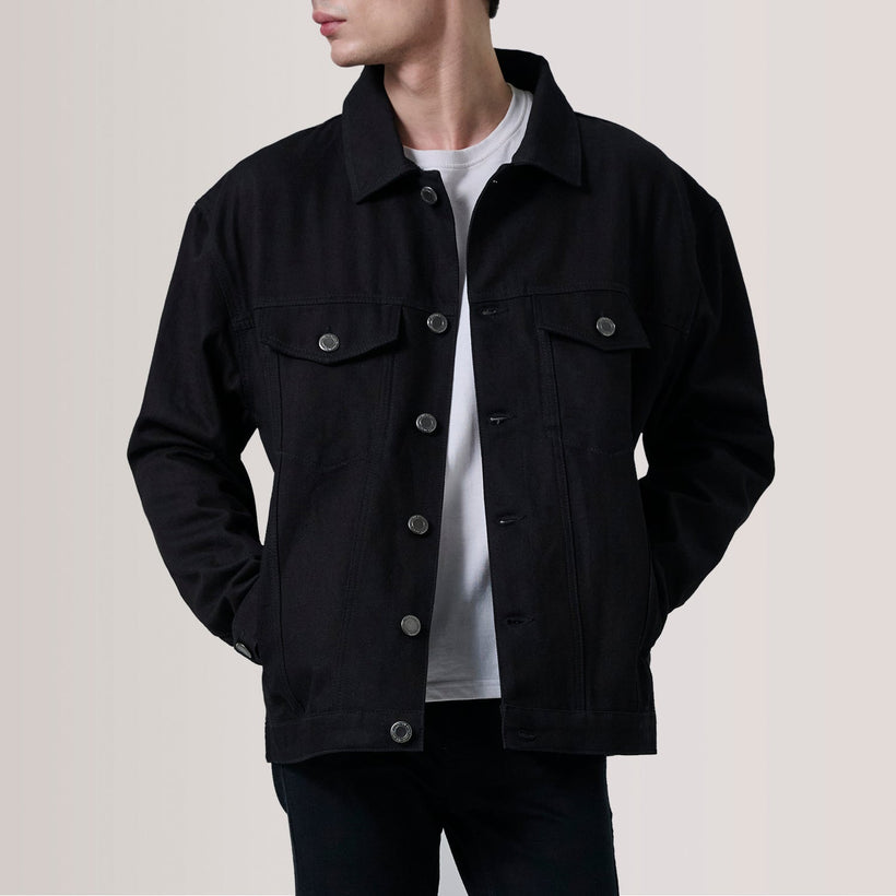 Eddie Nero Oversized Denim Trucker Giacca in Pelle da Uomo