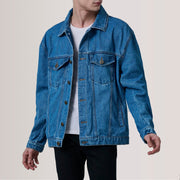 
Eddie Dark Blu Oversized Denim Trucker Giacca in Pelle da Uomo For Men in Dark Blue Full-Grain Leather - Vista frontale e silhouette sartoriale | Acquista online
