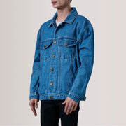 
Eddie Dark Blu Oversized Denim Trucker Giacca in Pelle da Uomo For Men - Vista laterale che mostra il taglio ergonomico delle maniche