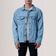 Eddie Light Blu Oversized Denim Trucker Giacca in Pelle da Uomo For Men in Light Blue Full-Grain Leather - Vista frontale e linea su misura | Acquista online
