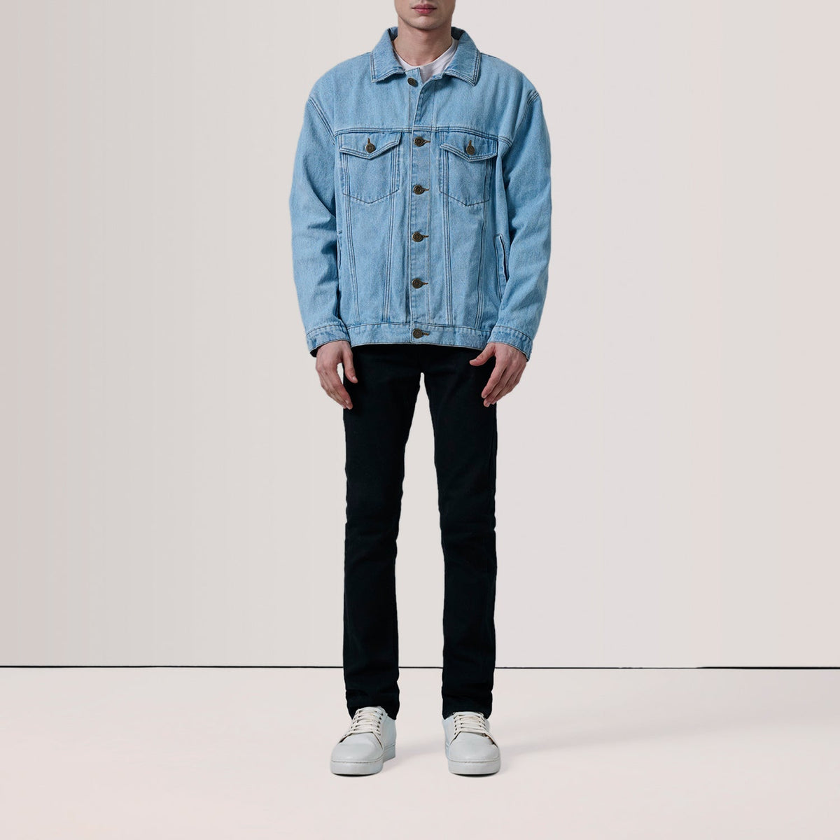 Light Blue Full-Grain leather Jacket - Vista posteriore Showing Tailored Shoulder Fit &amp; Clean Hemline
