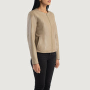
Beige Sheepskin Leather Biker Jacket - Vista posteriore con spalle definite e orlo pulito