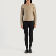 
Elixir Beige Collarless Leather Jacket - Vista laterale che mostra il taglio ergonomico delle maniche