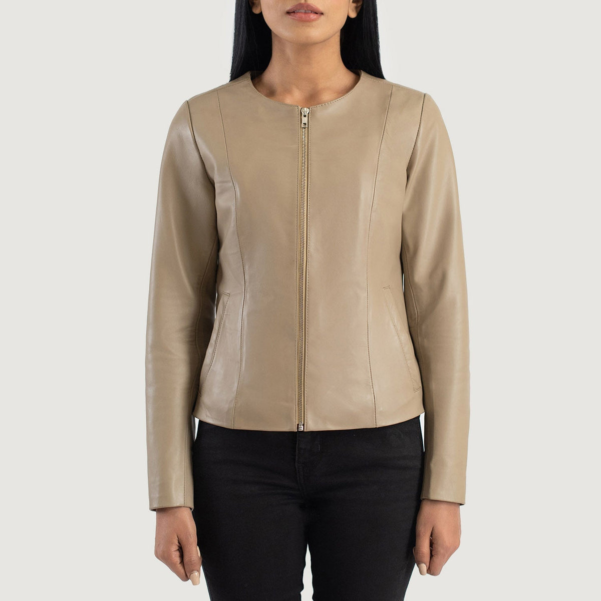 
Dettaglio ravvicinato of Collarless & Zipper Hardware on Elixir Beige Collarless Leather Jacket