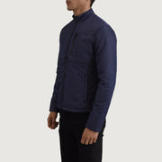 Blue Full-Grain Leather Winter Jacket - Vista posteriore Showing Tailored Shoulder Fit &amp; Clean Hemline