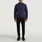 Elliot Blu Lightweight Giacca in Pelle da Uomo - Lateral Side Profile View Showing Sleeve Cut &amp; Athletic Taper Fit