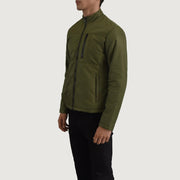 Green Full-Grain Leather Winter Jacket - Vista posteriore Showing Tailored Shoulder Fit &amp; Clean Hemline
