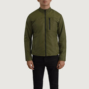 Dettaglio ravvicinato of Classic Collar &amp; Zipper Hardware on Elliot Verde Lightweight Giacca in Pelle da Uomo