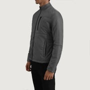 Grey Full-Grain Leather Winter Jacket - Vista posteriore Showing Tailored Shoulder Fit &amp; Clean Hemline