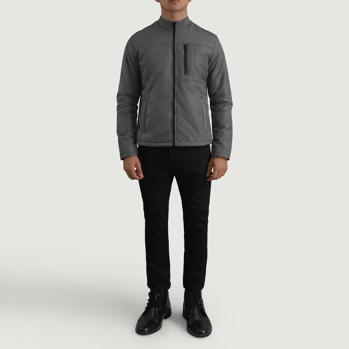 Elliot Grigio Lightweight Giacca in Pelle da Uomo - Lateral Side Profile View Showing Sleeve Cut &amp; Athletic Taper Fit