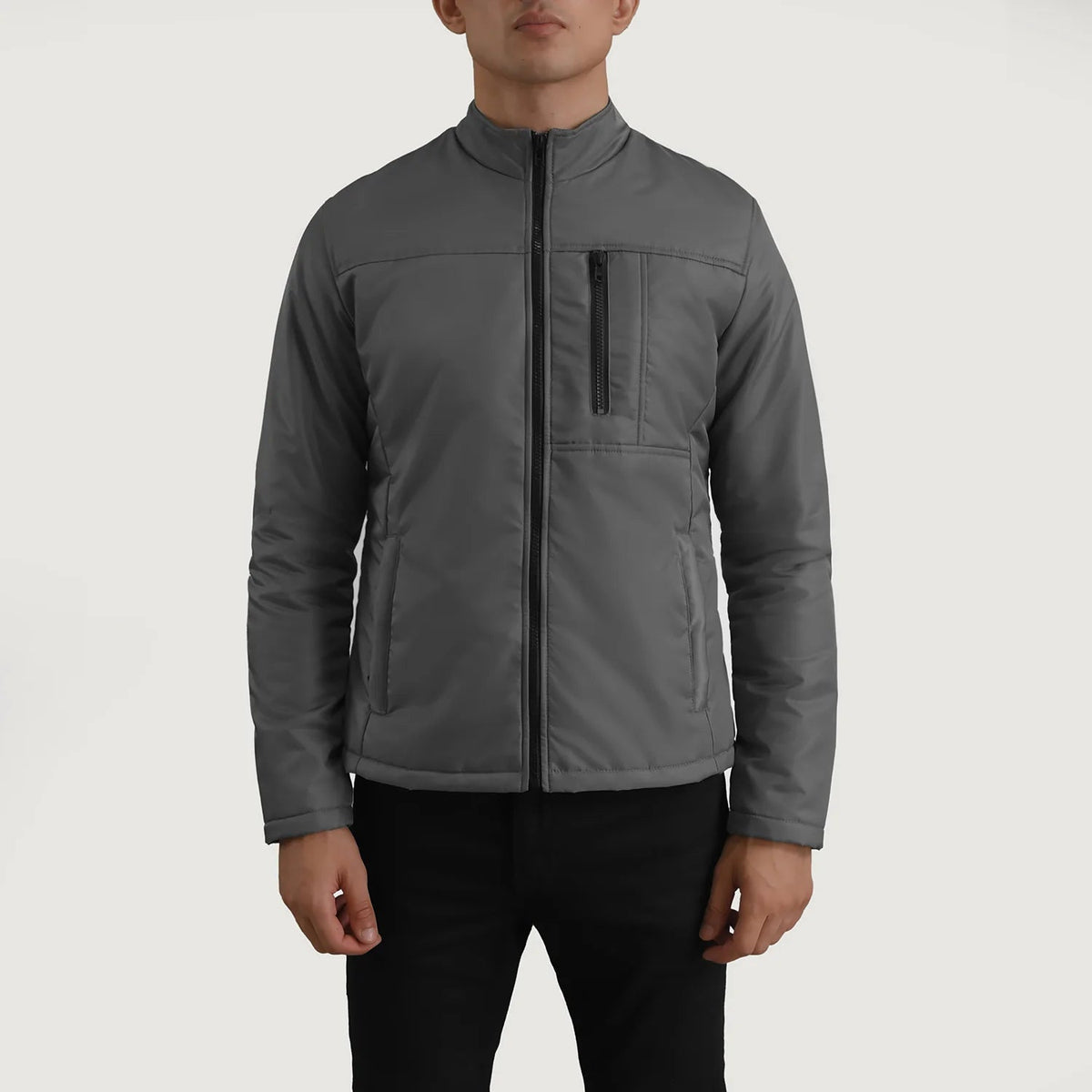 Dettaglio ravvicinato of Classic Collar &amp; Zipper Hardware on Elliot Grigio Lightweight Giacca in Pelle da Uomo