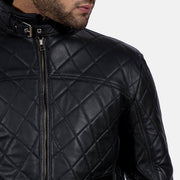Equilibrium Nero Giacca in Pelle da Uomo - Lateral Side Profile View Showing Sleeve Cut &amp; Athletic Taper Fit