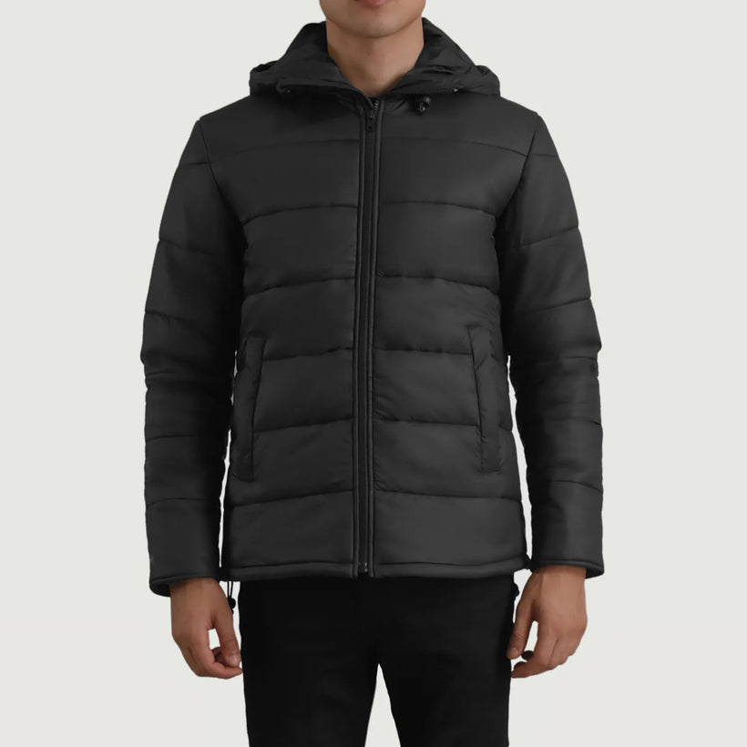 Erico Nero Hooded Puffer Giacca in Pelle da Uomo