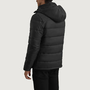 
Dettaglio ravvicinato of Classic Collar & Zipper With Wind Flap Hardware on Erico Nero Hooded Puffer Giacca in Pelle da Uomo