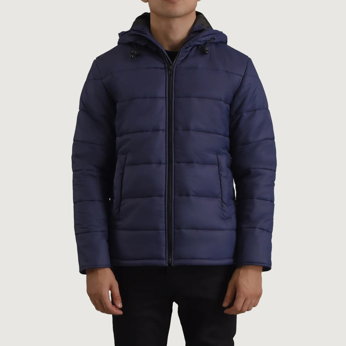Erico Blu Hooded Puffer Giacca in Pelle da Uomo in Blue Full-Grain Leather - Vista frontale e linea su misura | Acquista online