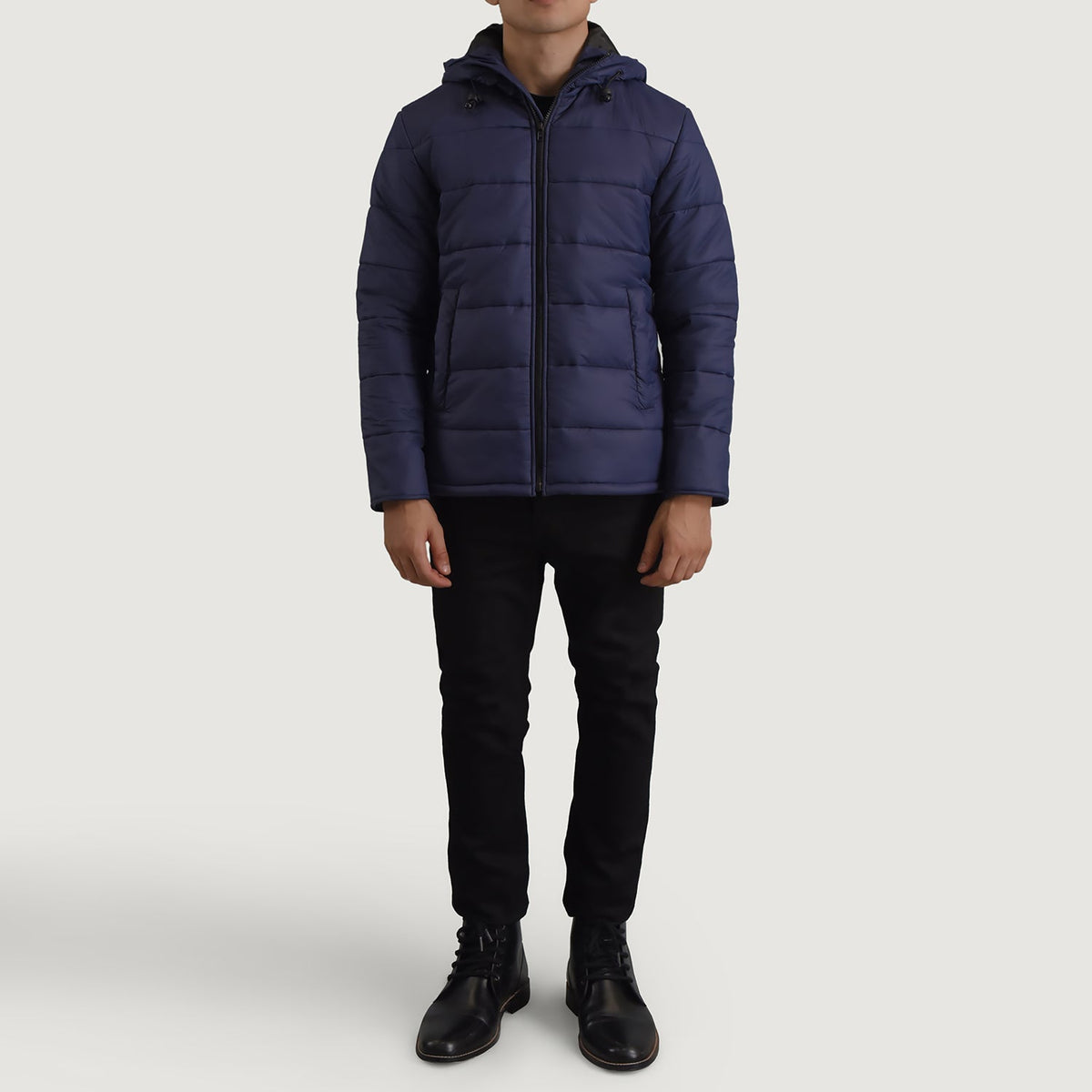 Erico Blu Hooded Puffer Giacca in Pelle da Uomo - Lateral Side Profile View Showing Sleeve Cut &amp; Athletic Taper Fit