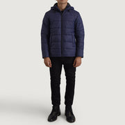 Erico Blu Hooded Puffer Giacca in Pelle da Uomo - Lateral Side Profile View Showing Sleeve Cut &amp; Athletic Taper Fit
