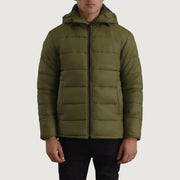 
Erico Verde Hooded Puffer Giacca in Pelle da Uomo in Green Full-Grain Leather - Vista frontale e silhouette sartoriale | Acquista online