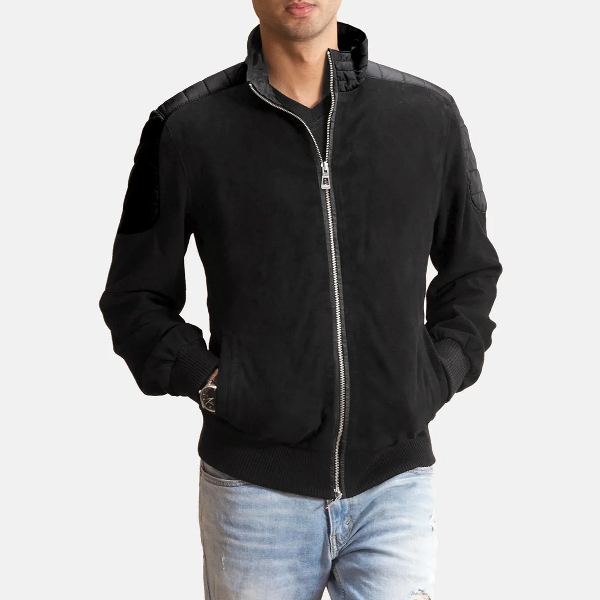 Men's Ethan Hybrid Suede Bomber in Pelle da Uomo in Black Goatskin Suede - Vista frontale e linea su misura | Acquista online