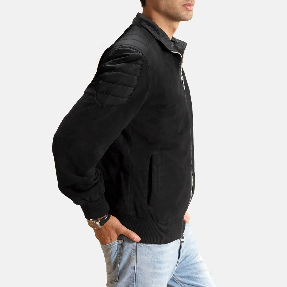 Black Goatskin Suede Bomber Jacket - Vista posteriore Showing Tailored Shoulder Fit &amp; Clean Hemline