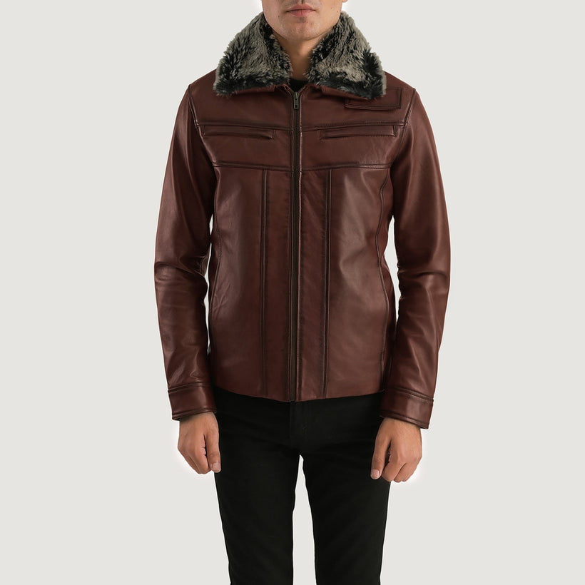 Men's Evan Hart Fur Brown Leather Jacket in Distressed Brown Sheepskin Burnishing - Front Profile View & Tailored Silhouette | Buy Online