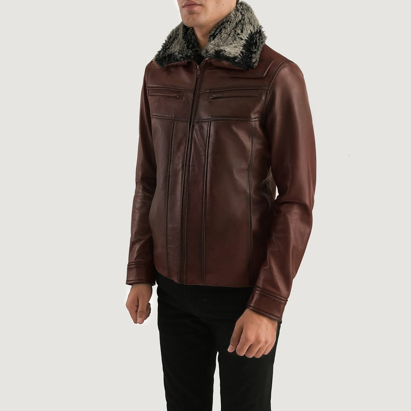 Distressed Brown Sheepskin Burnishing Aviator Jacket - Back View Showing Tailored Shoulder Fit & Clean Hemline