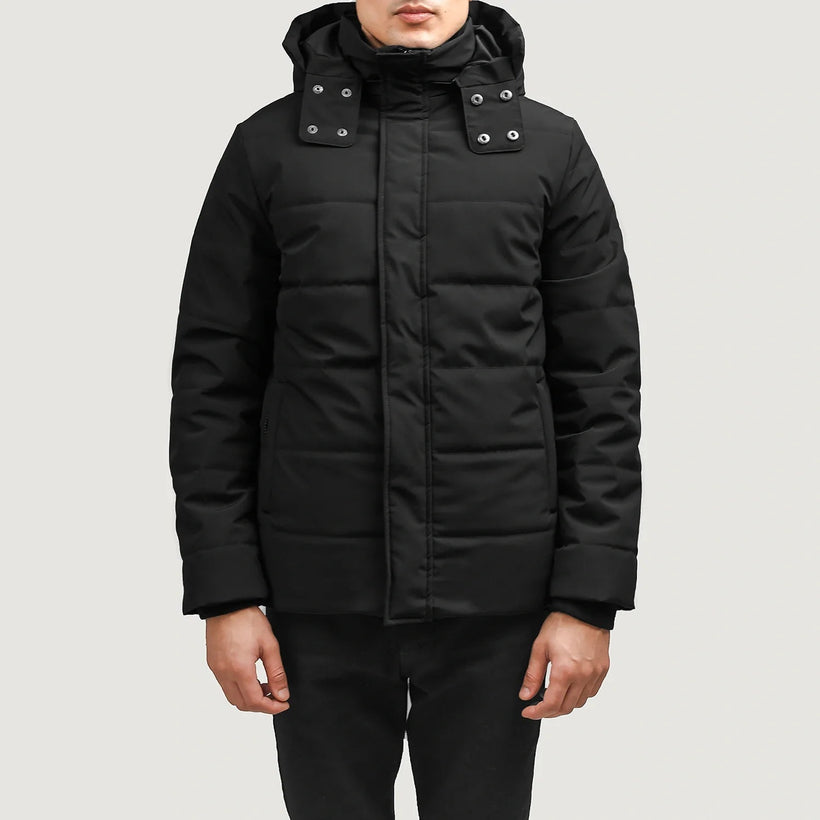Exton Nero Hooded Down Puffer Giacca in Pelle da Uomo