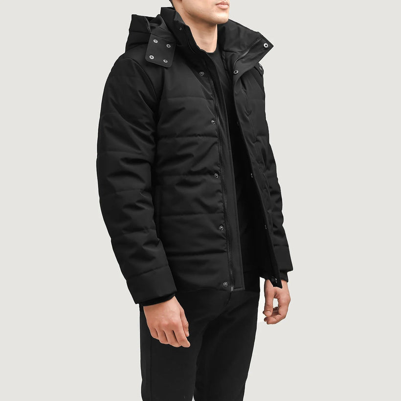 Exton Nero Hooded Down Puffer Giacca in Pelle da Uomo
