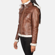 
Brown Sheepskin Snuffed Bomber Jacket - Vista posteriore con spalle definite e orlo pulito