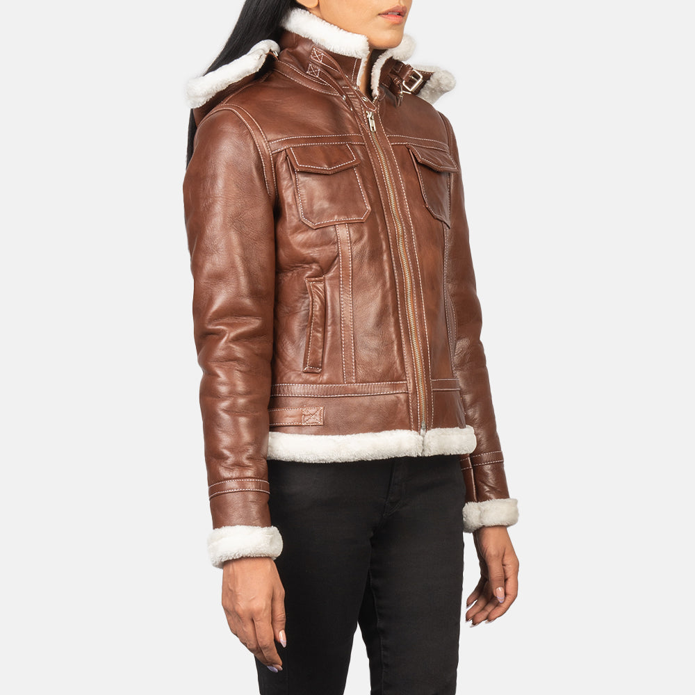 
Dettaglio ravvicinato of High Neck with Belt & Zipper Hardware on Fiona Brown Hooded Shearling Leather Jacket
