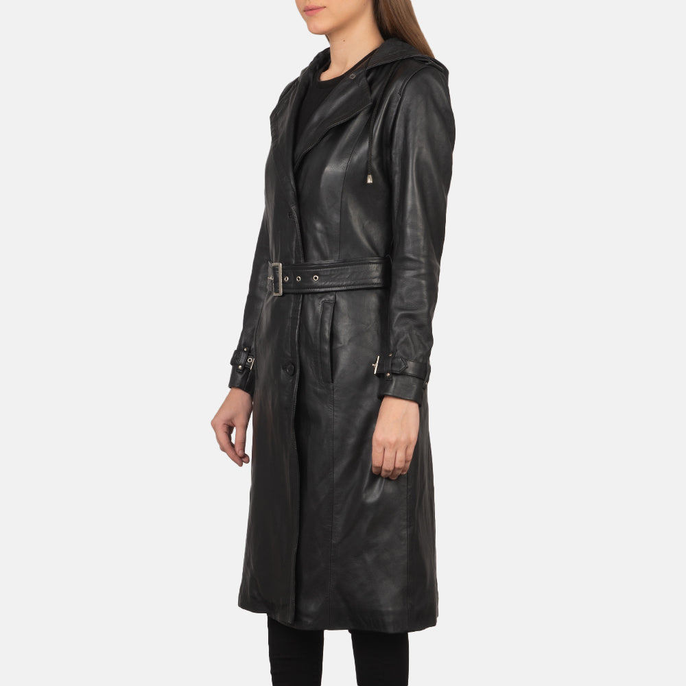 Dettaglio ravvicinato of Hooded & Button + Belt Hardware on Fixon Hooded Black Trench Coat