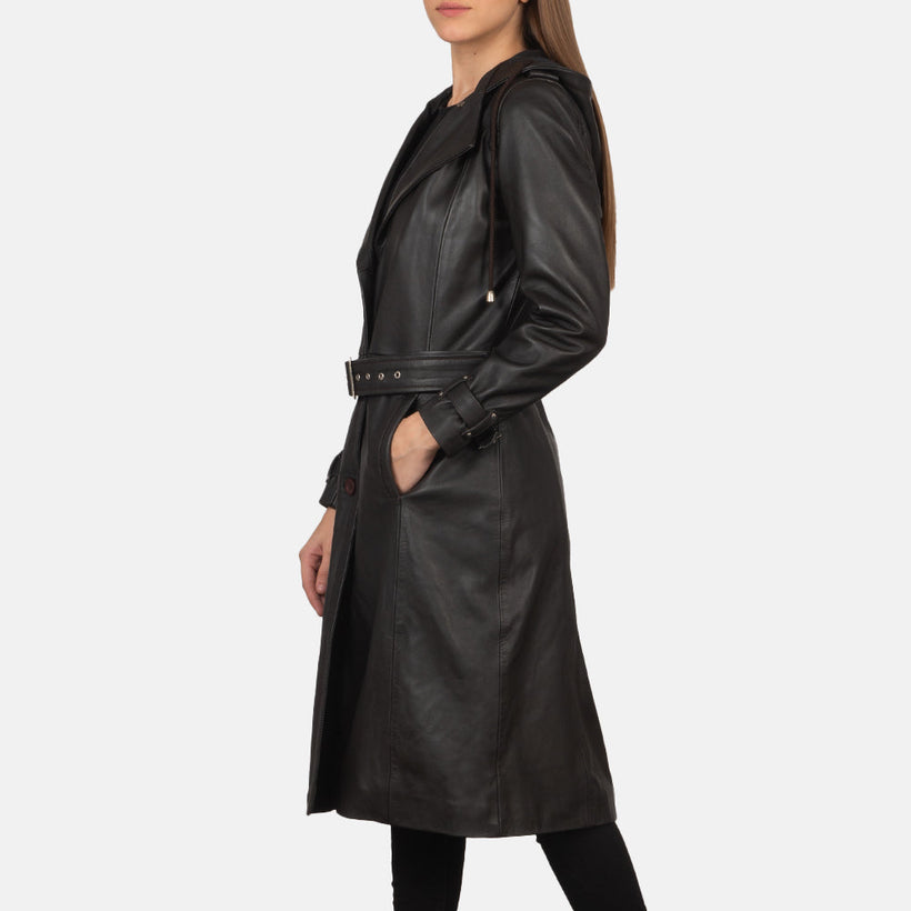 Fixon Hooded Marrone Trench in Pelle da Donna