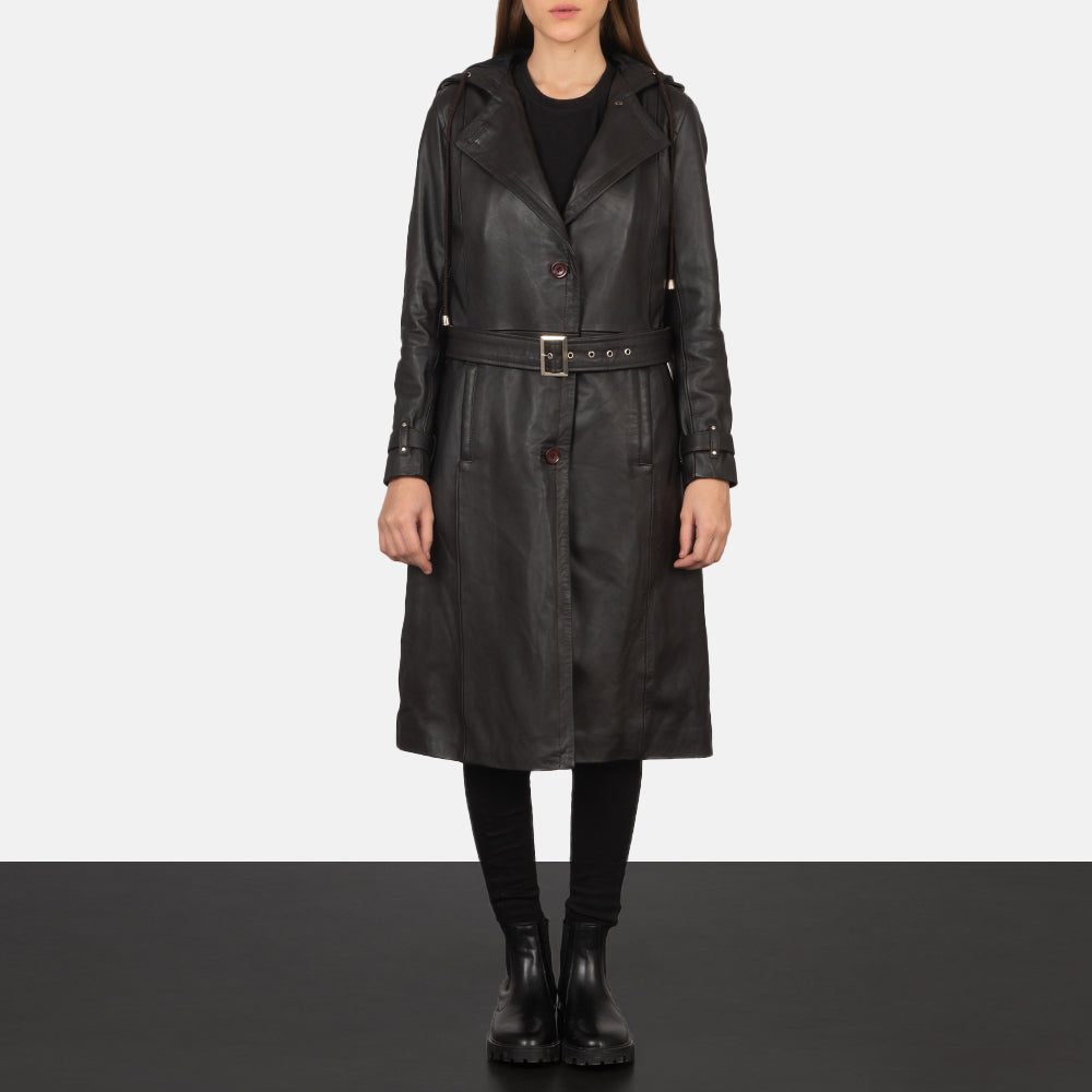 
Fixon Hooded Marrone Trench in Pelle da Donna - Vista laterale che mostra il taglio ergonomico delle maniche