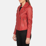 Red Sheepskin Leather Biker Jacket - Vista posteriore Showing Tailored Shoulder Fit &amp; Clean Hemline